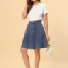 Allegra K Women's High Waist A-Line Flared Pleated Casual Midi Denim Skirt