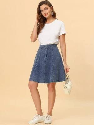 Allegra K Women's High Waist A-Line Flared Pleated Casual Midi Denim Skirt 3 Allegra K Women's High Waist A-Line Flared Pleated Casual Midi Denim Skirt