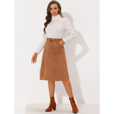 Allegra K Women's Casual Faux Suede Pockets Stretch A-line Midi Skirt With Belt 4 Allegra K Women's Casual Faux Suede Pockets Stretch A-line Midi Skirt With Belt - Image 2