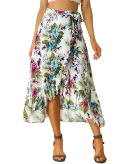 Allegra K Women's Tropical Floral Print Ruffle Self Tie Knot Split Beach Wrap Midi Skirt -Cheap Clad Fine Store GUEST 1498772f 8c6b 4ca2 9e4a 4a50cbdad2af