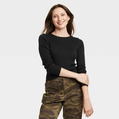 Women's 2pk Long Sleeve Shrunken Rib T-Shirt - Universal Thread™ White/Black 3 Women's 2pk Long Sleeve Shrunken Rib T-Shirt - Universal Thread™ White/Black