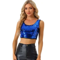 Allegra K Women's Metallic Sequin Sparkle Sleeveless Party Crop Tank Top -Cheap Clad Fine Store GUEST 1ee94525 8ee5 4f51 97b6 9f1e06c448d3