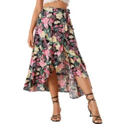 Allegra K Women's Tropical Floral Print Ruffle Self Tie Knot Split Beach Wrap Midi Skirt -Cheap Clad Fine Store GUEST 20fd8a37 d456 416f 8871 2ec4fabfe7a0