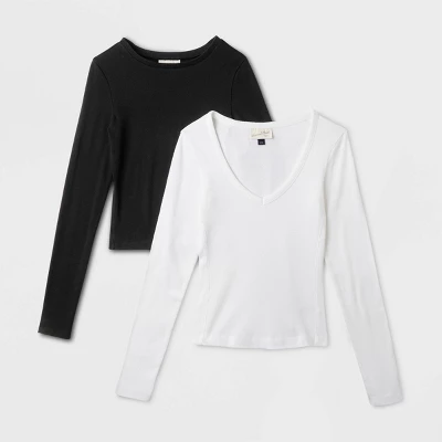 Women's 2pk Long Sleeve Shrunken Rib T-Shirt - Universal Thread™ White/Black 7 Women's 2pk Long Sleeve Shrunken Rib T-Shirt - Universal Thread™ White/Black - Image 5
