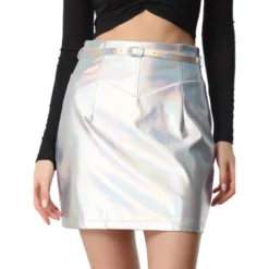 Allegra K Women's Metallic Bodycon Belted Short Shiny Skirt -Cheap Clad Fine Store GUEST 33c552fb f37e 45ba a645 0c240408d9f5
