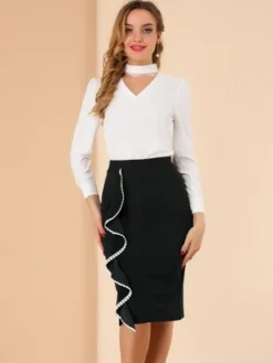 Allegra K Women's High Waist Ruffle Trim Split Work Office Pencil Skirts -Cheap Clad Fine Store GUEST 3bc4aae9 b335 4b39 af20 8db81f962f18