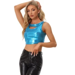 Allegra K Women's Metallic Crop Shiny Sleeveless Cut Out Party Clubwear Holographic Tank Tops -Cheap Clad Fine Store GUEST 411d5d83 d332 4cee a41c 9dfaf33e3b94