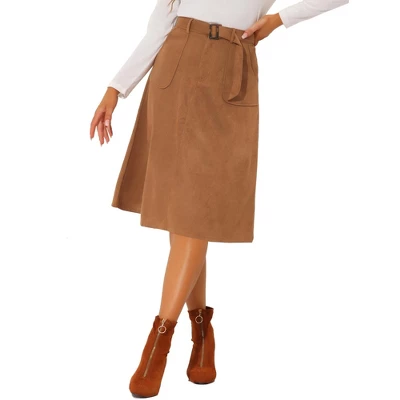 Allegra K Women's Casual Faux Suede Pockets Stretch A-line Midi Skirt With Belt 8 Allegra K Women's Casual Faux Suede Pockets Stretch A-line Midi Skirt With Belt - Image 6