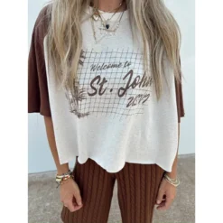 Women's Ascot + Hart Cropped St. John Elbow Sleeve Graphic T-Shirt - Brown -Cheap Clad Fine Store GUEST 49bafac2 1c08 45cb acf6 93ebb34a47b6