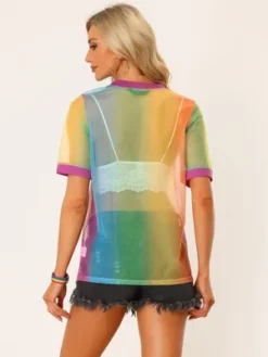 Allegra K Women's Rainbow Mesh Short Sleeve Cover Up Sheer T-Shirt -Cheap Clad Fine Store GUEST 5365741e 6459 444c 8530 b72303f734d1