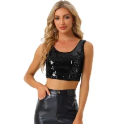 Allegra K Women's Metallic Sequin Sparkle Sleeveless Party Crop Tank Top -Cheap Clad Fine Store GUEST 56904cae 0676 4441 957e 00705a28179a