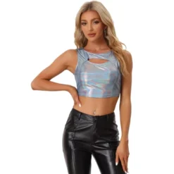 Allegra K Women's Metallic Crop Shiny Sleeveless Cut Out Party Clubwear Holographic Tank Tops -Cheap Clad Fine Store GUEST 61a1022b 044b 4e82 8e56 c43d0e22d779