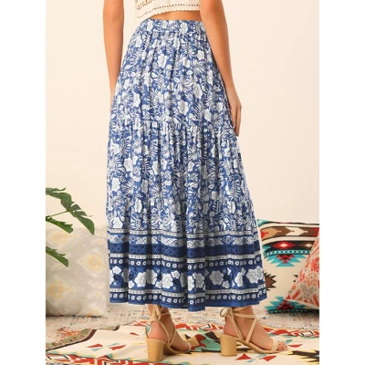 Allegra K Women's Summer Floral Boho Tassels Elastic Waist Casual Maxi Skirts 4 Allegra K Women's Summer Floral Boho Tassels Elastic Waist Casual Maxi Skirts - Image 2