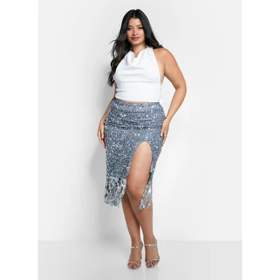 Rebdolls Women's Glimmer Sequin Fringe Midi Bodycon Skirt 3 Rebdolls Women's Glimmer Sequin Fringe Midi Bodycon Skirt