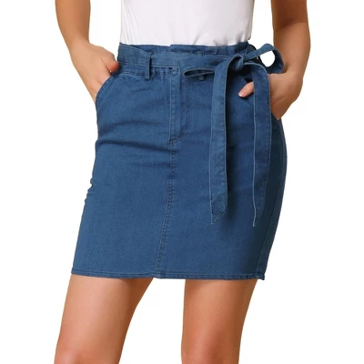 Allegra K Women's Summer High Waist Paper Bag Elastic Knot Belted Denim Skirt 3 Allegra K Women's Summer High Waist Paper Bag Elastic Knot Belted Denim Skirt