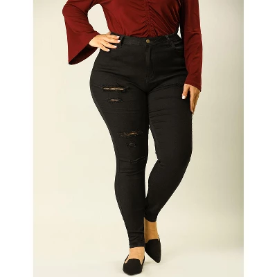 Agnes Orinda Women's Plus Size Mid Rise Zip Fly Skinny Ripped Jeans 3 Agnes Orinda Women's Plus Size Mid Rise Zip Fly Skinny Ripped Jeans