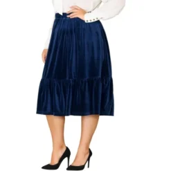 Agnes Orinda Women's Plus Size Velvet Elastic Waist Ruffle Hem Party Midi Skirt