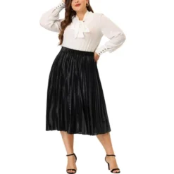 Agnes Orinda Women's Plus Size Velvet Pleated Elastic Waist Party Metallic Pleated Swing Midi A Line Skirts