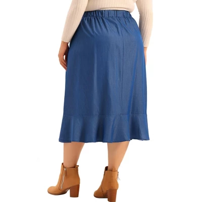 Agnes Orinda Women's Plus Size Midi Elastic Waist Denim Tiered Pleated Hem Chambray Skirts 5 Agnes Orinda Women's Plus Size Midi Elastic Waist Denim Tiered Pleated Hem Chambray Skirts - Image 3