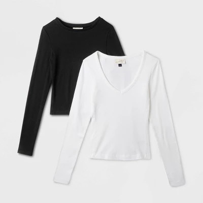 Women's 2pk Long Sleeve Shrunken Rib T-Shirt - Universal Thread™ White/Black 8 Women's 2pk Long Sleeve Shrunken Rib T-Shirt - Universal Thread™ White/Black - Image 6