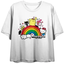 SANRIO Hello Kitty Rainbow Group Art Women's White Crop T-shirt