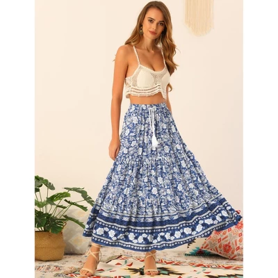 Allegra K Women's Summer Floral Boho Tassels Elastic Waist Casual Maxi Skirts 5 Allegra K Women's Summer Floral Boho Tassels Elastic Waist Casual Maxi Skirts - Image 3