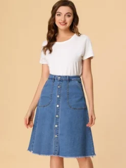Allegra K Women's Denim Skirts Raw Hem Button Down Midi Jeans Skirt -Cheap Clad Fine Store GUEST a31b16b5 d417 4c45 9023 b8dde2894c70