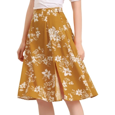 Allegra K Women's High Elastic Waist Belted Slit A-Line Midi Floral Print Skirt 11 Allegra K Women's High Elastic Waist Belted Slit A-Line Midi Floral Print Skirt - Image 9