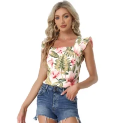 Allegra K Women's Tropical Floral Printed Square Neck Ruffle Sleeve Tank Top -Cheap Clad Fine Store GUEST aabca7f7 fad7 4b46 aad2 e3c5fbd94547