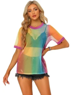 Allegra K Women's Rainbow Mesh Short Sleeve Cover Up Sheer T-Shirt -Cheap Clad Fine Store GUEST b1874bfb 22ef 4ce2 828b e961b5fdde60
