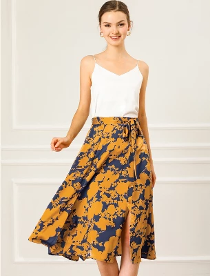 Allegra K Women's High Elastic Waist Belted Slit A-Line Midi Floral Print Skirt 3 Allegra K Women's High Elastic Waist Belted Slit A-Line Midi Floral Print Skirt