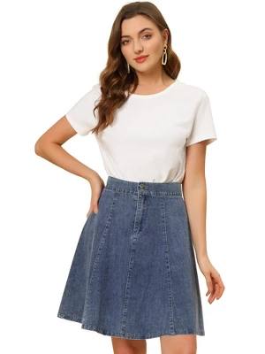 Allegra K Women's High Waist A-Line Flared Pleated Casual Midi Denim Skirt 8 Allegra K Women's High Waist A-Line Flared Pleated Casual Midi Denim Skirt - Image 6