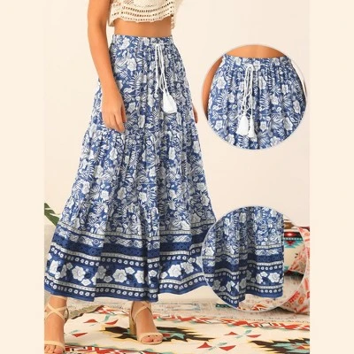 Allegra K Women's Summer Floral Boho Tassels Elastic Waist Casual Maxi Skirts 3 Allegra K Women's Summer Floral Boho Tassels Elastic Waist Casual Maxi Skirts