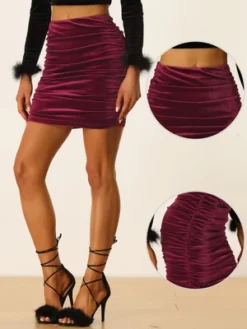 Allegra K Women's Velvet Party Bodycon Mini Ruched Skirt