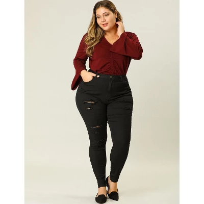 Agnes Orinda Women's Plus Size Mid Rise Zip Fly Skinny Ripped Jeans 4 Agnes Orinda Women's Plus Size Mid Rise Zip Fly Skinny Ripped Jeans - Image 2