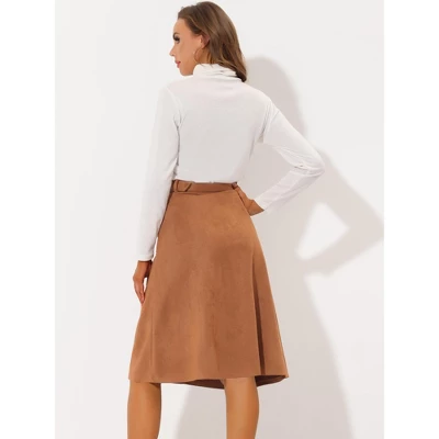 Allegra K Women's Casual Faux Suede Pockets Stretch A-line Midi Skirt With Belt 5 Allegra K Women's Casual Faux Suede Pockets Stretch A-line Midi Skirt With Belt - Image 3