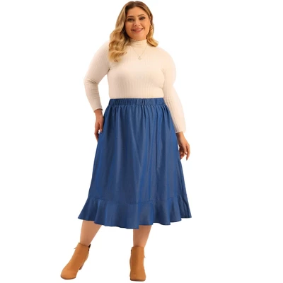 Agnes Orinda Women's Plus Size Midi Elastic Waist Denim Tiered Pleated Hem Chambray Skirts 4 Agnes Orinda Women's Plus Size Midi Elastic Waist Denim Tiered Pleated Hem Chambray Skirts - Image 2