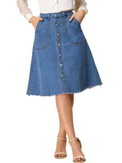 Allegra K Women's Denim Skirts Raw Hem Button Down Midi Jeans Skirt -Cheap Clad Fine Store GUEST e5782589 7c77 4f0a 9387 5ebfff942e98