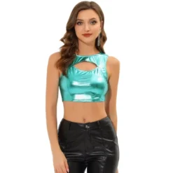 Allegra K Women's Metallic Crop Shiny Sleeveless Cut Out Party Clubwear Holographic Tank Tops -Cheap Clad Fine Store GUEST e7ecd639 2cd0 484a a056 c8cd5103a068