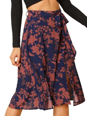 Allegra K Women's High Elastic Waist Belted Slit A-Line Midi Floral Print Skirt 10 Allegra K Women's High Elastic Waist Belted Slit A-Line Midi Floral Print Skirt - Image 8