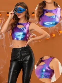 Allegra K Women's Metallic Crop Shiny Sleeveless Cut Out Party Clubwear Holographic Tank Tops
