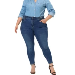 Agnes Orinda Women's Plus Size Jean High Waist Buckle Decor Slash Pocket Work Stretch Washed Denim Skinny Jeans