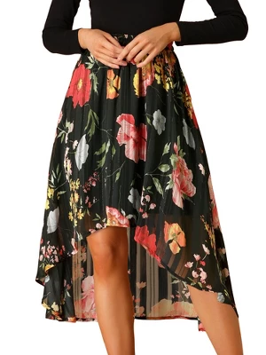 Allegra K Women's High Low Hem Elastic Waist Lurex Chiffon A-Line Midi Floral Skirt 8 Allegra K Women's High Low Hem Elastic Waist Lurex Chiffon A-Line Midi Floral Skirt - Image 6