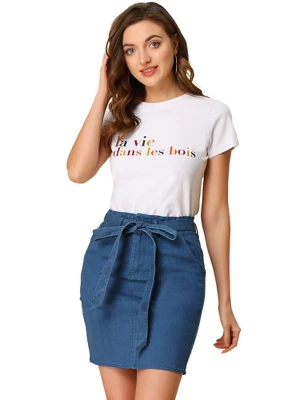 Allegra K Women's Summer High Waist Paper Bag Elastic Knot Belted Denim Skirt 8 Allegra K Women's Summer High Waist Paper Bag Elastic Knot Belted Denim Skirt - Image 6