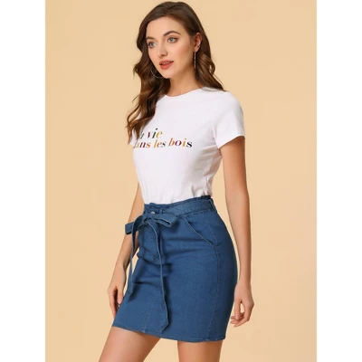 Allegra K Women's Summer High Waist Paper Bag Elastic Knot Belted Denim Skirt 4 Allegra K Women's Summer High Waist Paper Bag Elastic Knot Belted Denim Skirt - Image 2